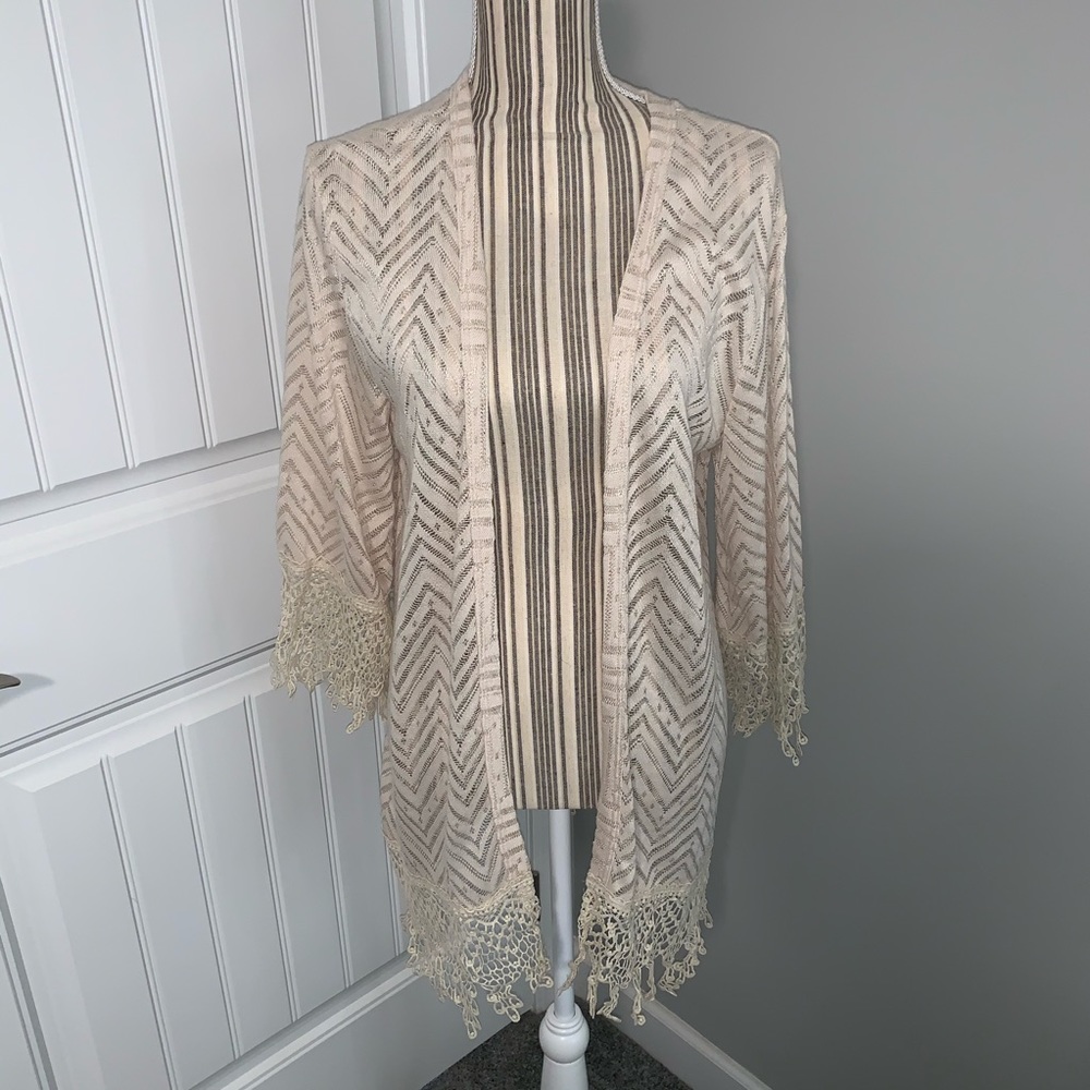 Chevron Sheer Open Front Cardigan Closed Fringe